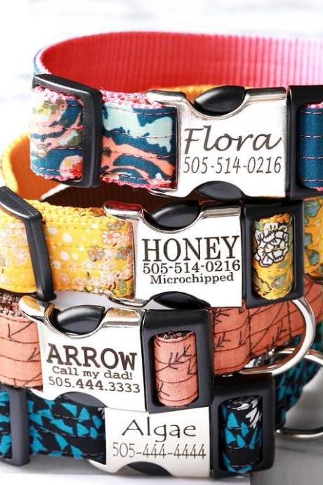 Personalized Laser Engraved Metal Buckle Dog Collar - 9 Cotton Voile Styles